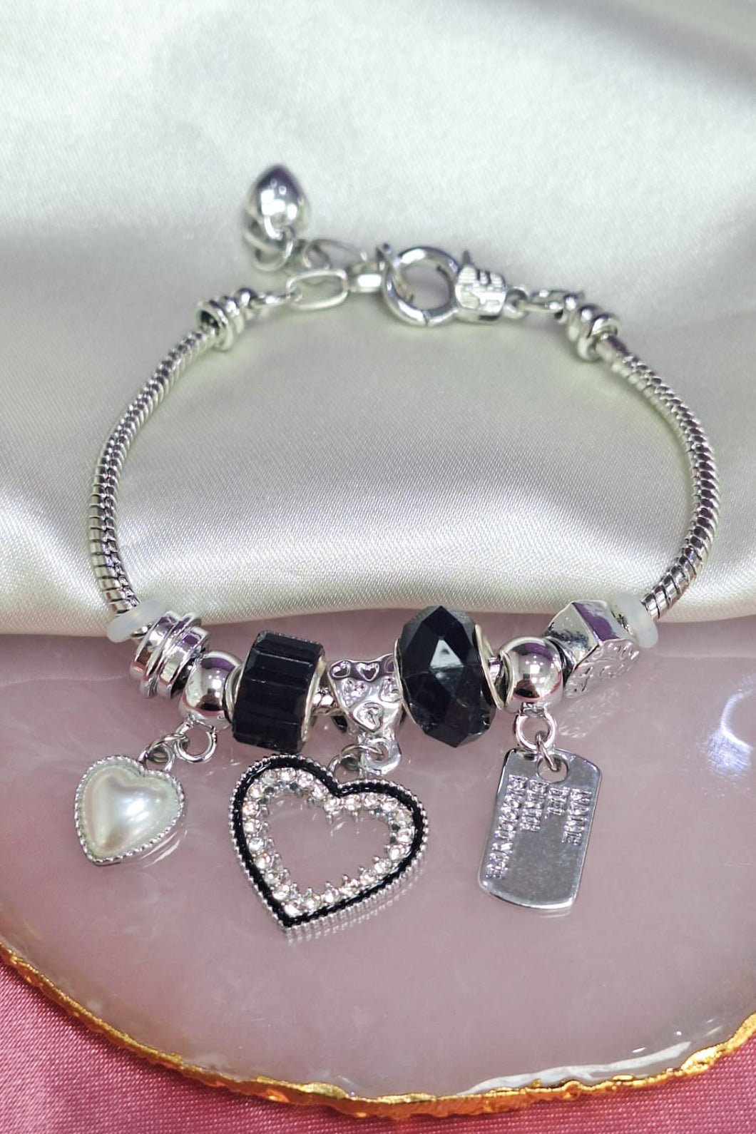 Pulsera tipo pandora con charms corazon negro perla #24