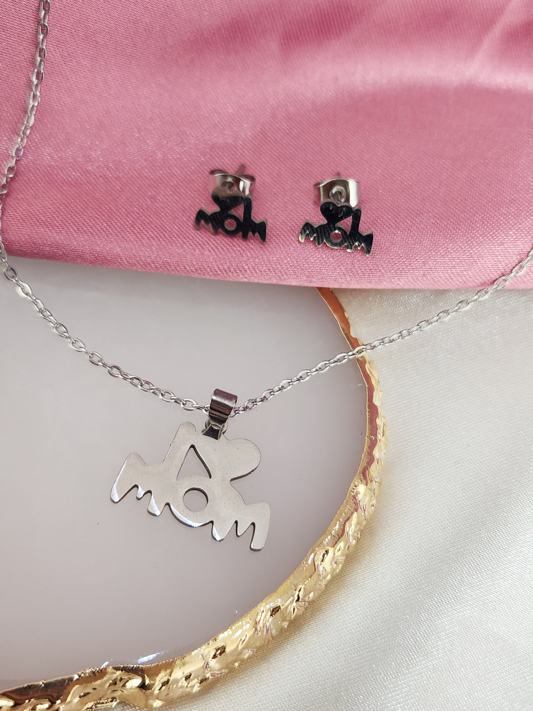 Collar y aretes i love mom acero plateado #19